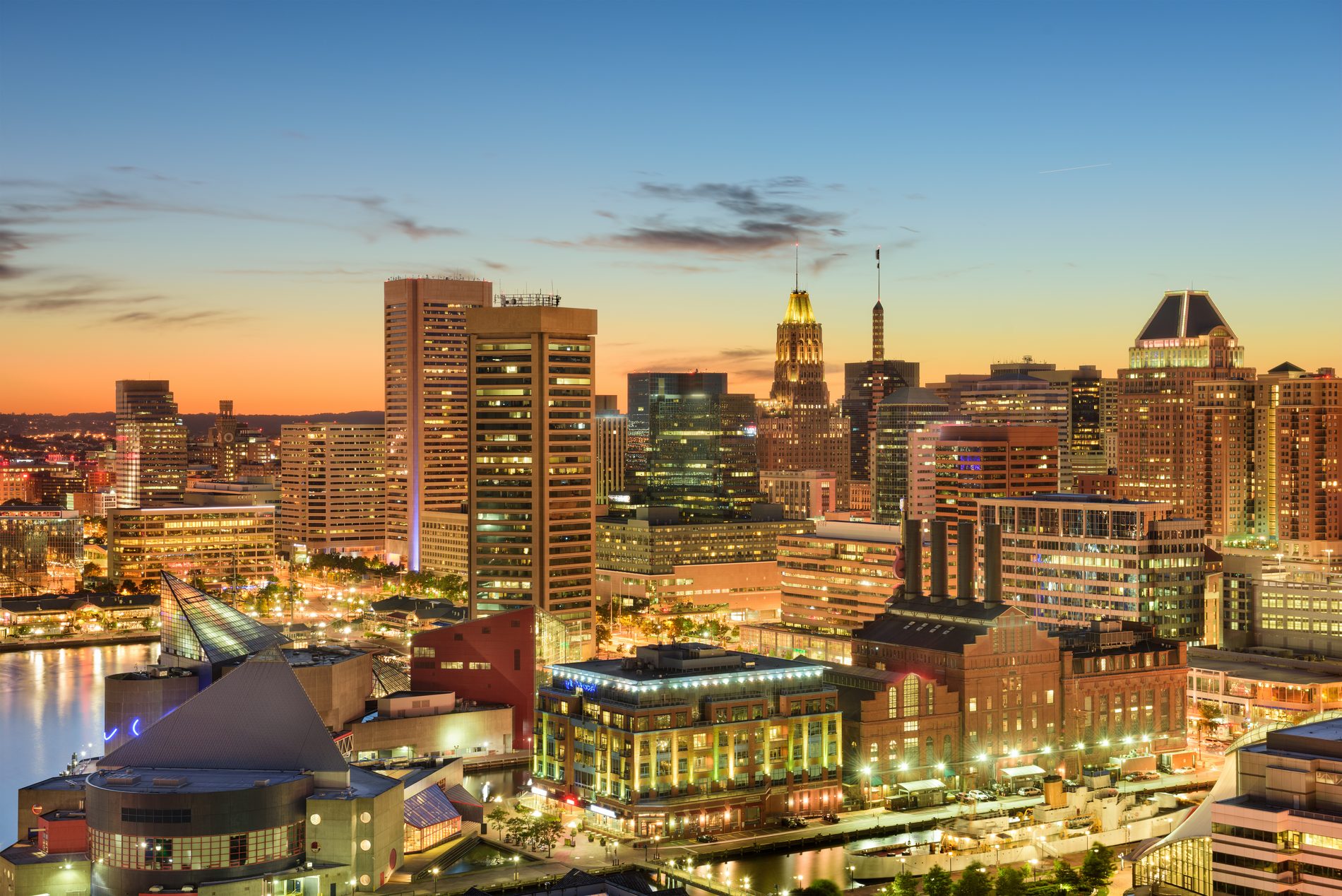 Baltimore Inner Harbor skyline at dusk